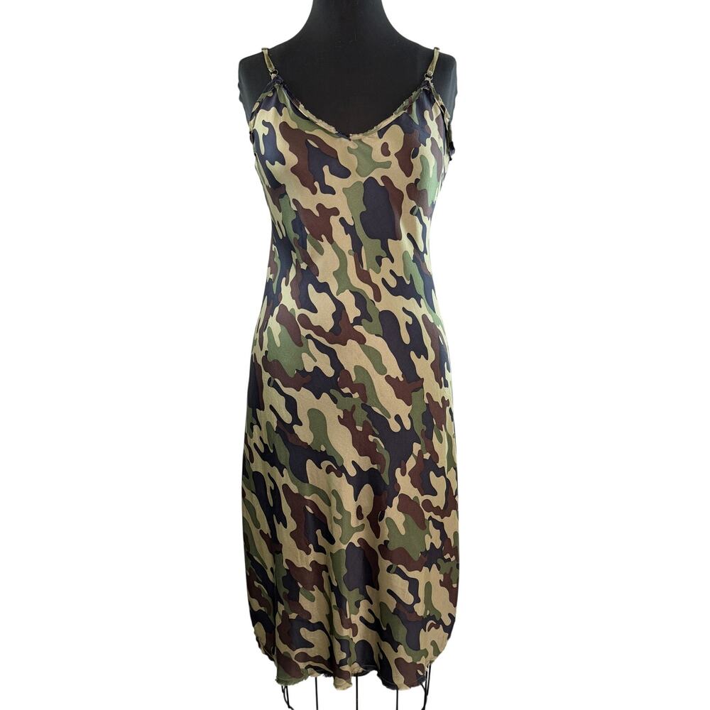 Nili Lotan Silk Camo Slip Dress Green Brown Sweetheart Raw Edge Spaghetti M